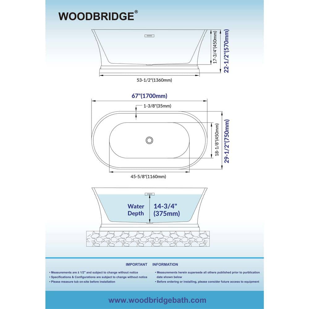 67" White Acrylic Freestanding Soaking Bathtub with Matte Black Trim