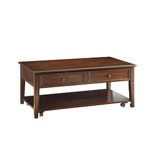 Amelia 26 in. Walnut Rectangle Particle Board Coffee Table with Shelves, Lift Top, Storage, Casters