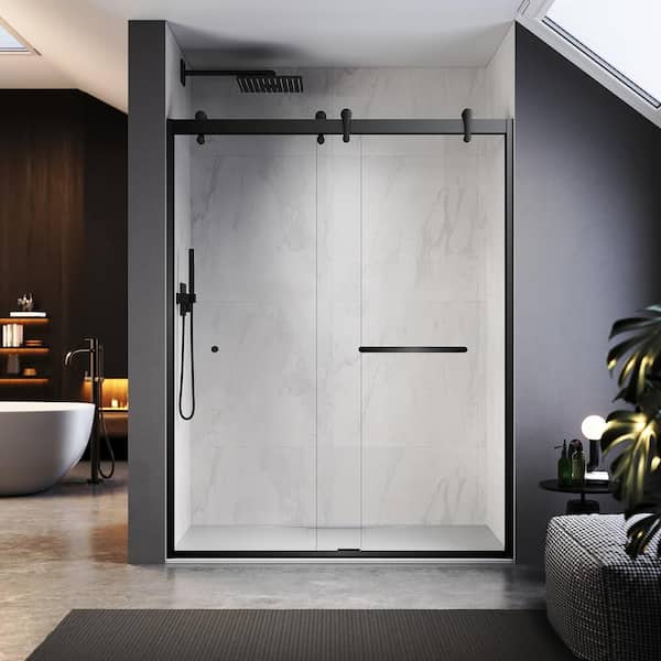 UKD08 60 in. W x 76 in. H Double Sliding Semi-Frameless Shower Door in Matte Black, EnduroShield 5/16 in. Clear Glass