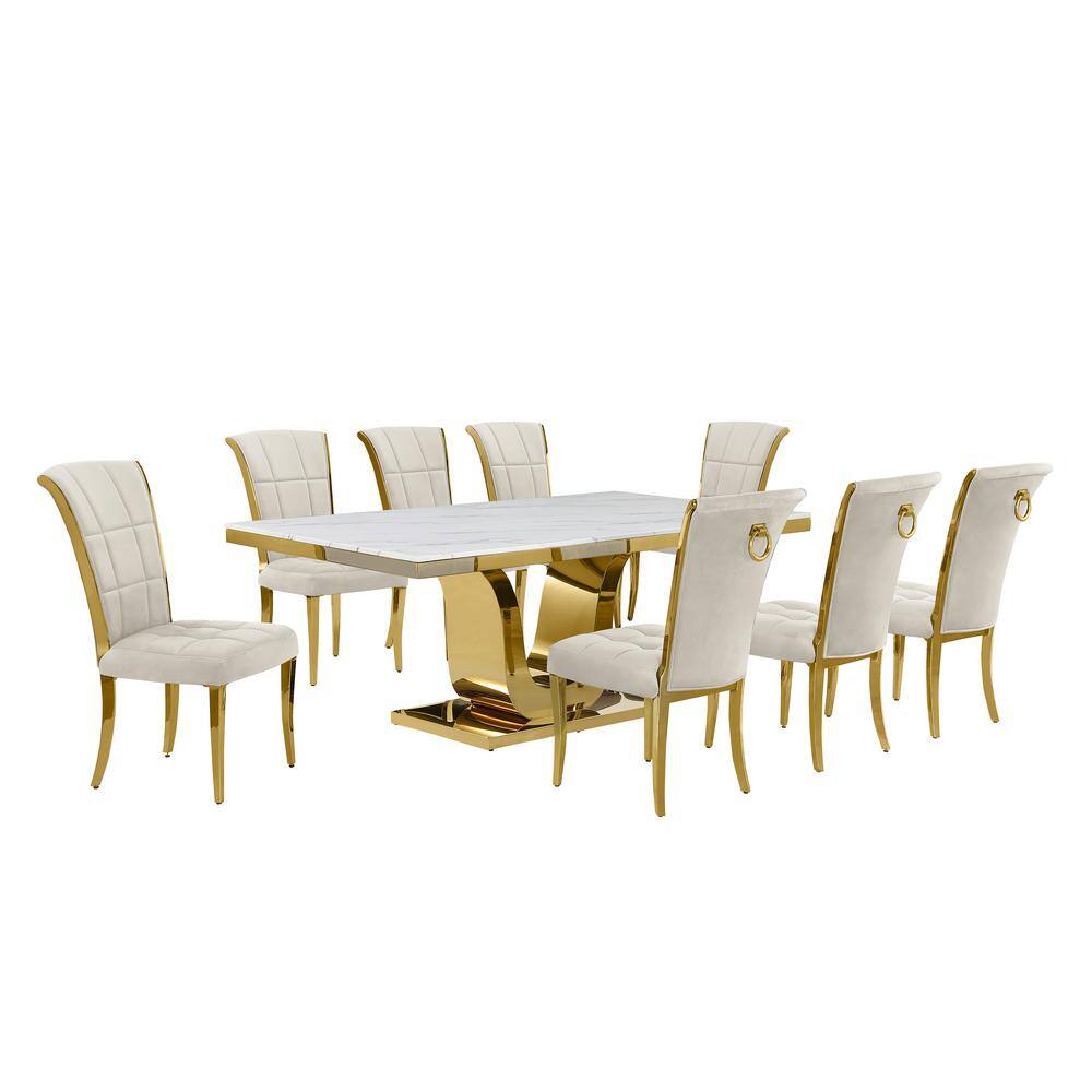 Best Quality Furniture Ada 9Piece Rectangle White Marble Top With Gold