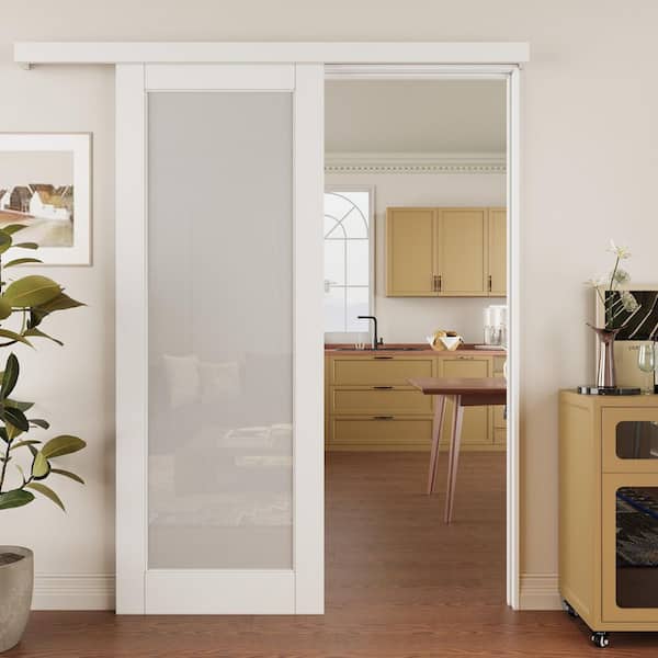 30 in. x 80 in. 1 Lite Tempered Frosted Glass White Primed MDF Hidden Track Style Sliding Barn Door with Hardware Kit