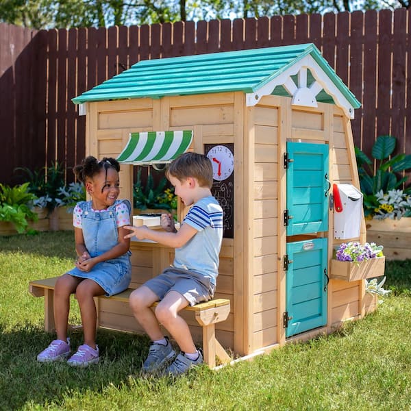 Teamson Kids Agnes Wooden Playhouse with Garden Window Fixed Bench