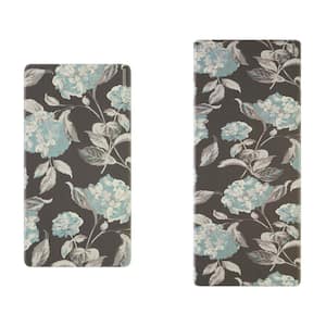 Brown and Blue Hydrangea Floral 17.5 in. x 48 in./17.5 in. x 28 in. Anti-Fatigue Wellness Mat Set