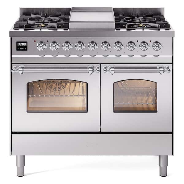 Nostalgie II 40 in. 6-Burner plus Griddle Double Oven Liquid Propane Dual Fuel Range in Stainless Steel with Chrome