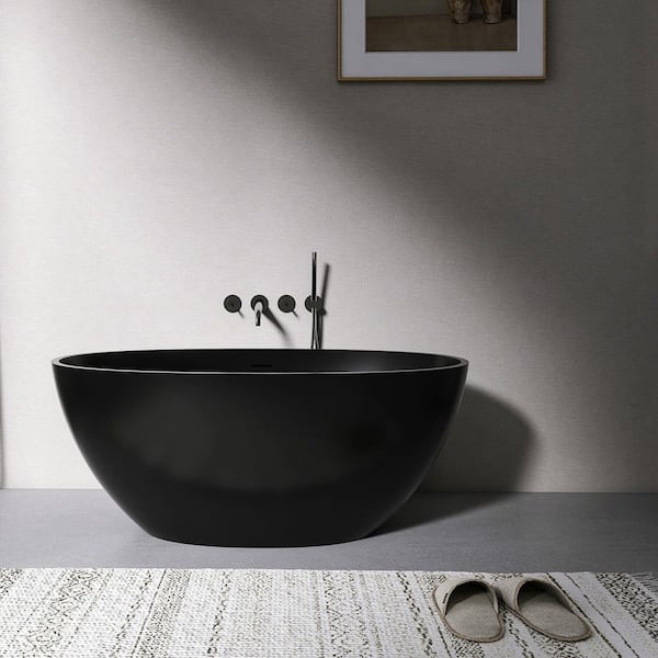 Moray 55 in. x 31 in. Solid Surface Stone Resin Flatbottom Freestanding Bathtub Soaking Bathtub in Matte Black
