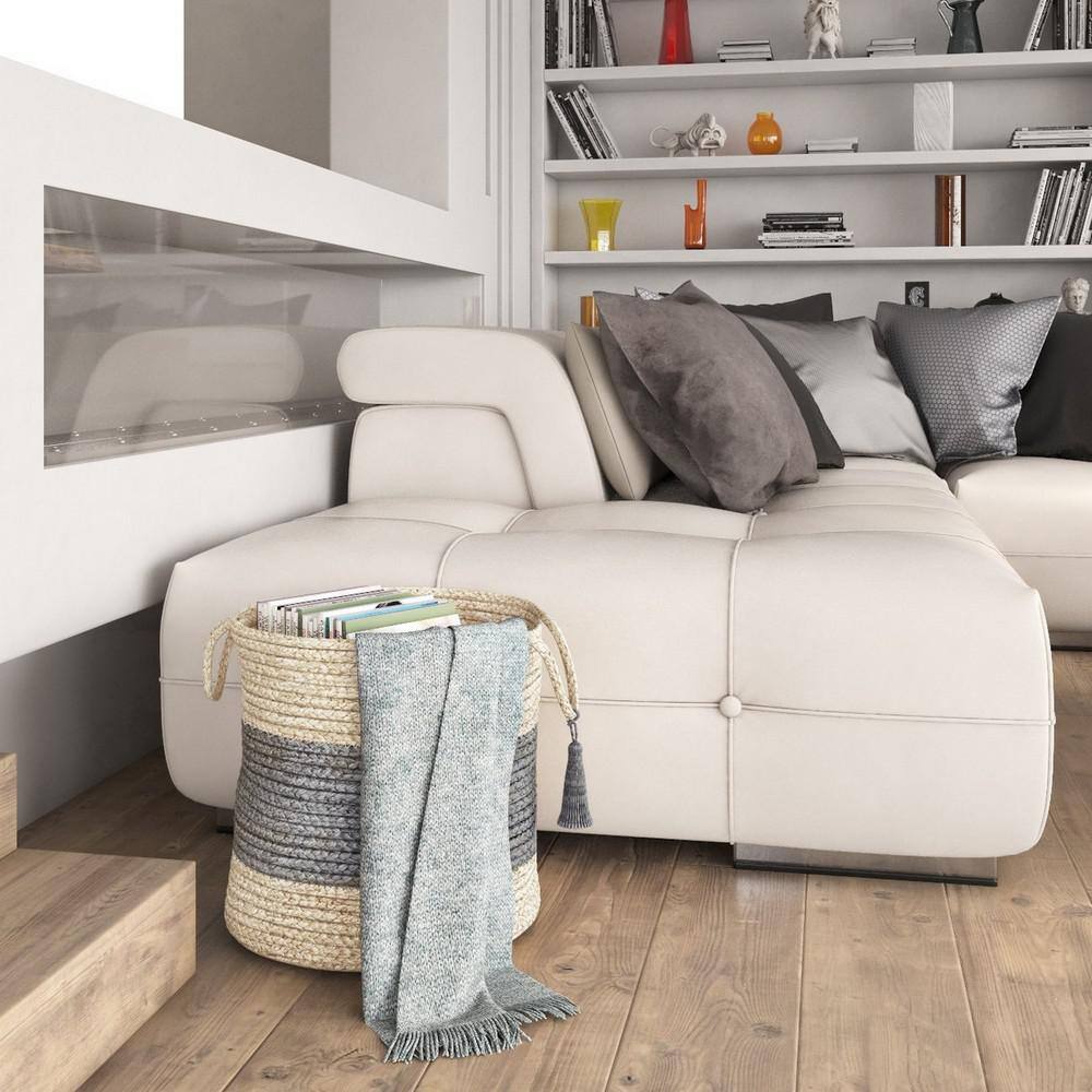 17" Off-White and Gray Jute Round Storage Basket