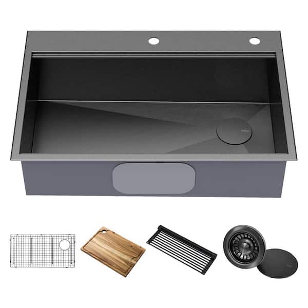 KRAUS Kore 16-Gauge Black Stainless Steel 33 in. Single Bowl Drop-In Workstation Kitchen Sink with Accessories