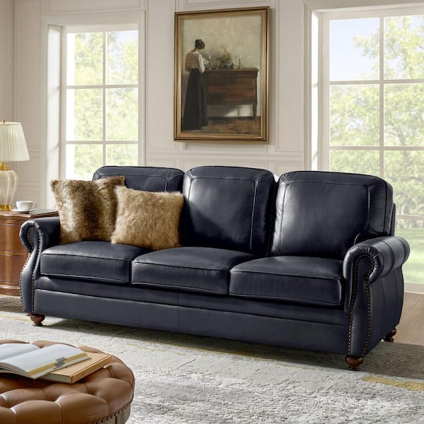 Justina 85.5 in. Traditional Rectangular Rolled Arms Genuine Leather Sofa with Nailhead Trims in Navy