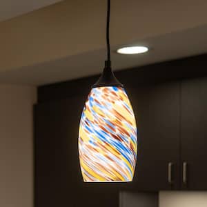 Milano 1-Light Matte Black Mini Pendant Ceiling Light Multi-Color Swirl Art Glass
