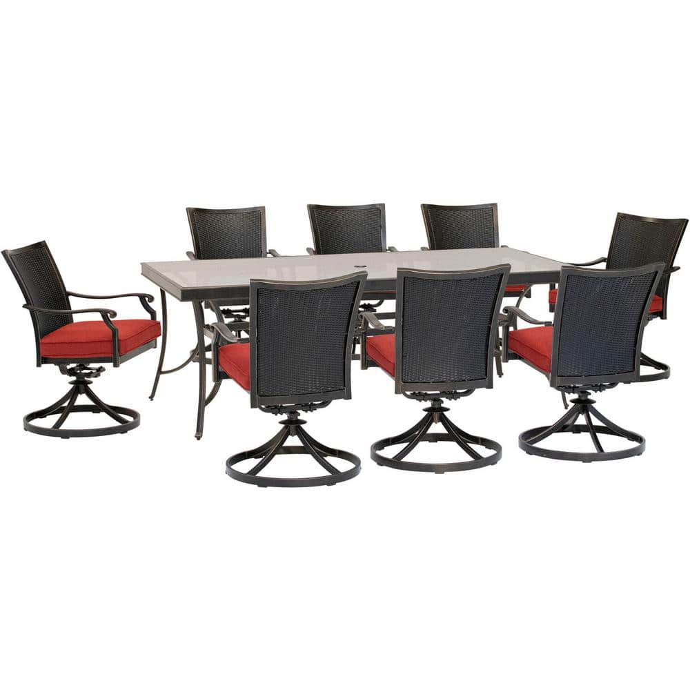 Traditions 9-Piece Wicker Outdoor Dining Set with Red Cushions and Extra Large Glass-Top Table