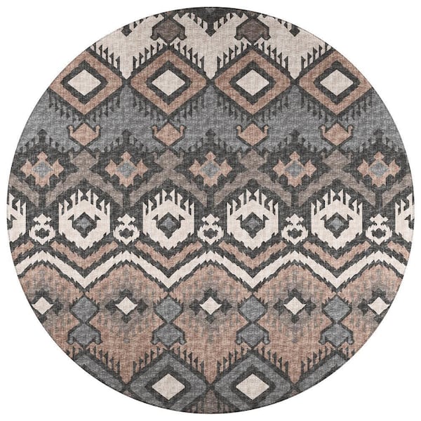 Yuma Brown 8 ft. x 8 ft. Geometric Indoor/Outdoor Washable Area Rug