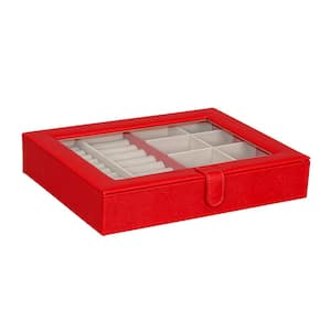 Crystal Glass Top Fashion Jewelry Box in Textured Red Faux Leather