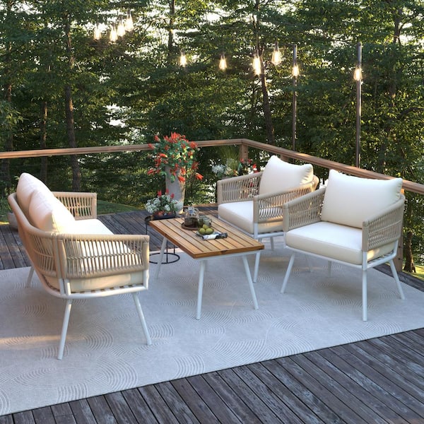 grossag Boho 4-Piece Metal Patio Conversation Deep Seating Set with Beige White Cushions and Wood Coffee Table
