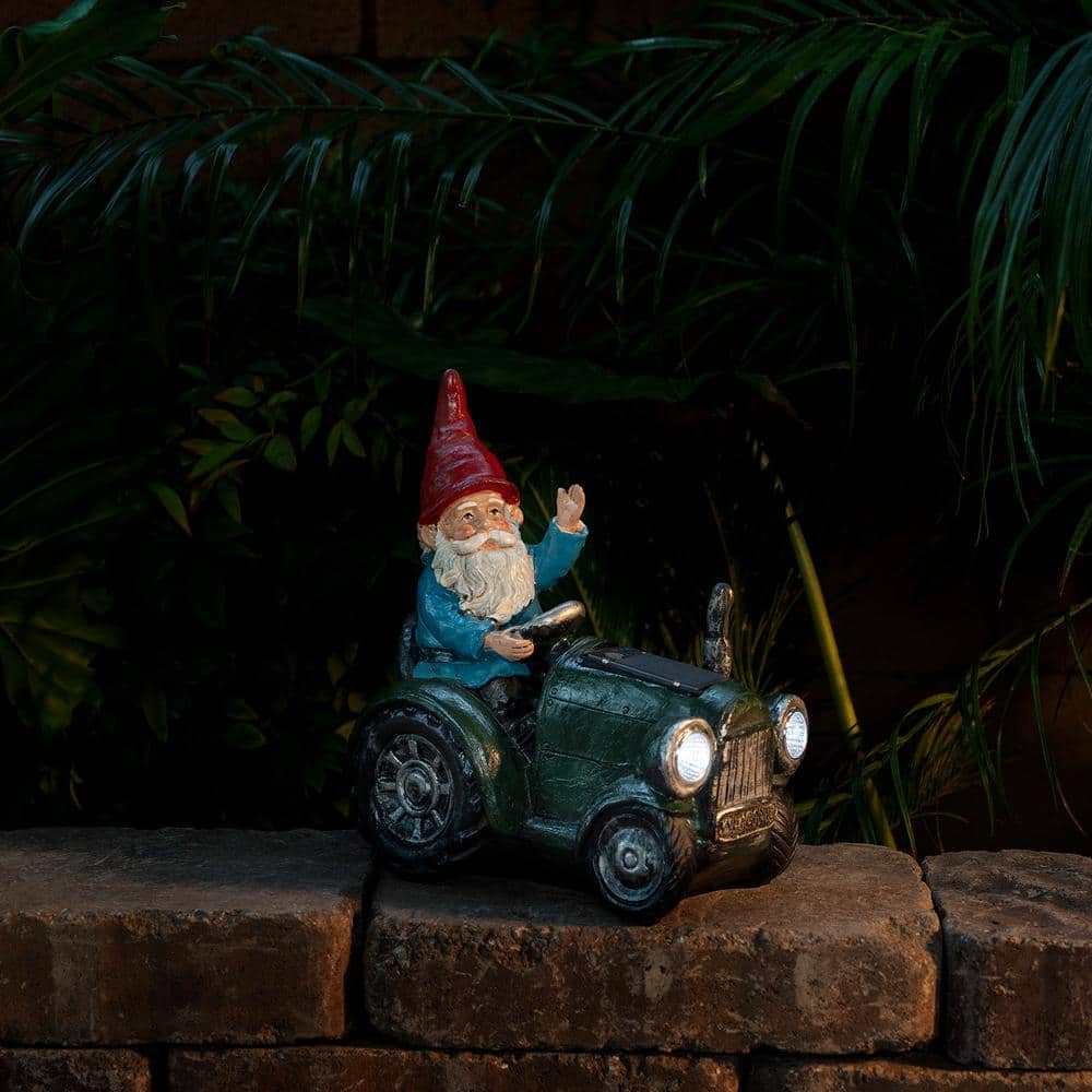 10" Green Polyresin Solar Gnome on Tractor with LED Lights