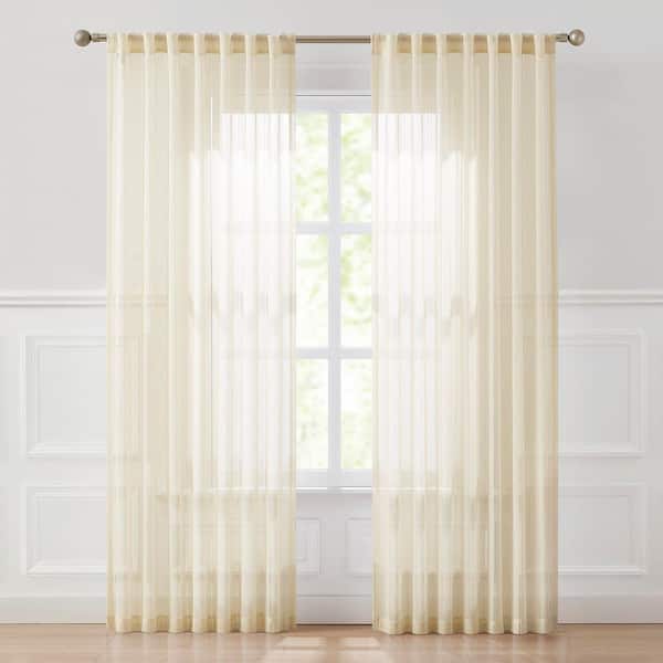 Calia Textured Stripe Neutral Polyester 52 in. W x 84 in. L Back Tab Sheer Curtain (Set of 2)