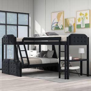 Elegant L-Shaped Black Twin over Full Bunk Bed with Built-in Desk, Nail Head Trim and Button-Tufted Frame