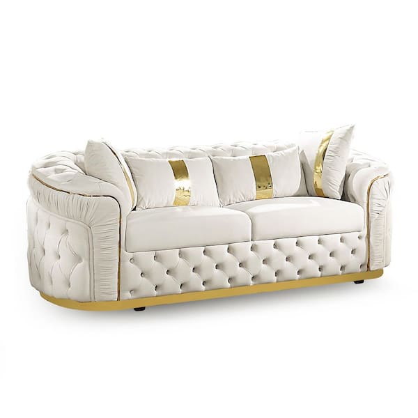 Vanison 89 in. Slope Arm Fabric Rectangle Sofa in. Beige and Gold Accents with Tight Back