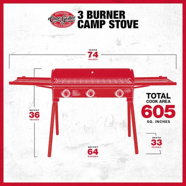 Char-Griller - Portable Propane 3 Burner Camp Stove/Grill in Black