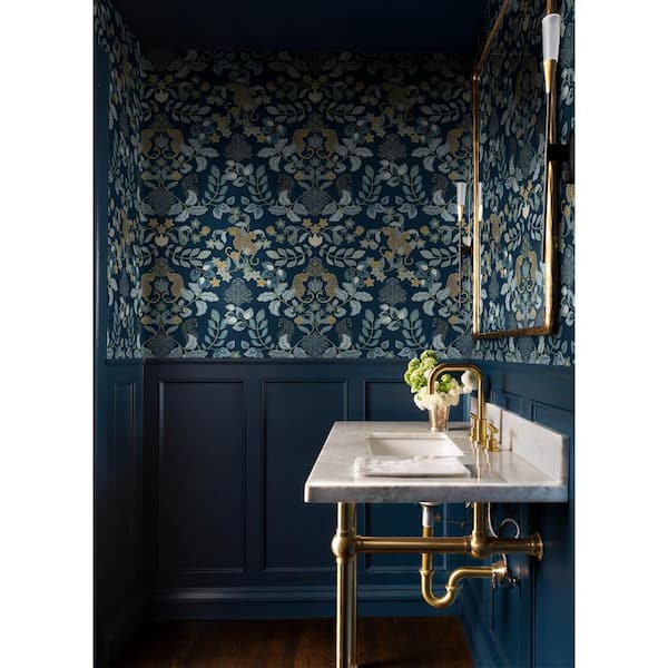 Getty Blue Navy Metallic Jungle Damask Non-Pasted Non-Woven Paper Wallpaper