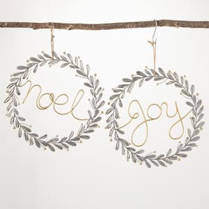 12 in. Noel and Joy Metal Wreath Decorative Sign - (Set of 2) Gray