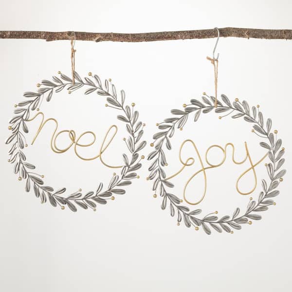SULLIVANS 12 in. Noel and Joy Metal Wreath Decorative Sign - (Set of 2) Gray