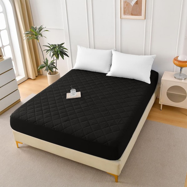 Black Polyester Protector Diamond Grid Ultrasonic Waterproof Quilted Fitted Sheet-Size T