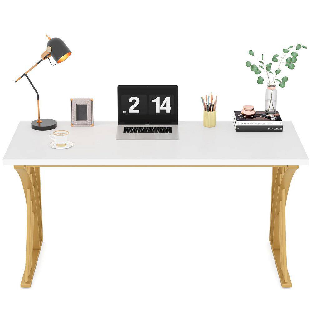 55-In Large Modern Computer Desk, Rectangle White and Gold Wood Writing Desk
