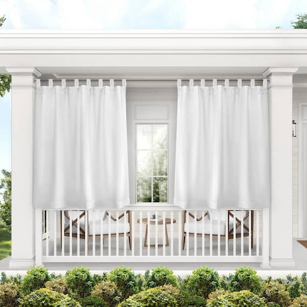 Cabana Winter White Solid Light Filtering 54 in. x 144 in. Hook and Loop Tab Top Indoor/Outdoor Curtain Panel (Set of 2)