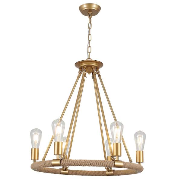 6-Light Gold Wagon Wheel Chandelier Modern Farmhouse Round Pendant Light for Living Room