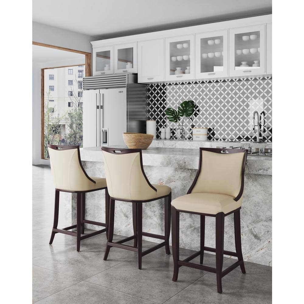 Emperor Cream Faux Leather and Walnut Wood Bar Stools, Set of 2
