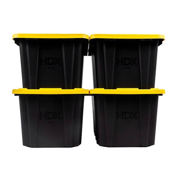 HDX 27 Gal. Tough Storage Tote in Black with Yellow Lid 4-Pack 999-HDX ...