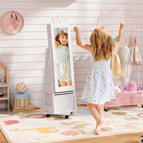 White Wood 12.5 in. Kids Jewelry Cabinet with Full-Length Mirror Foldable Drawer Anti-toppling System