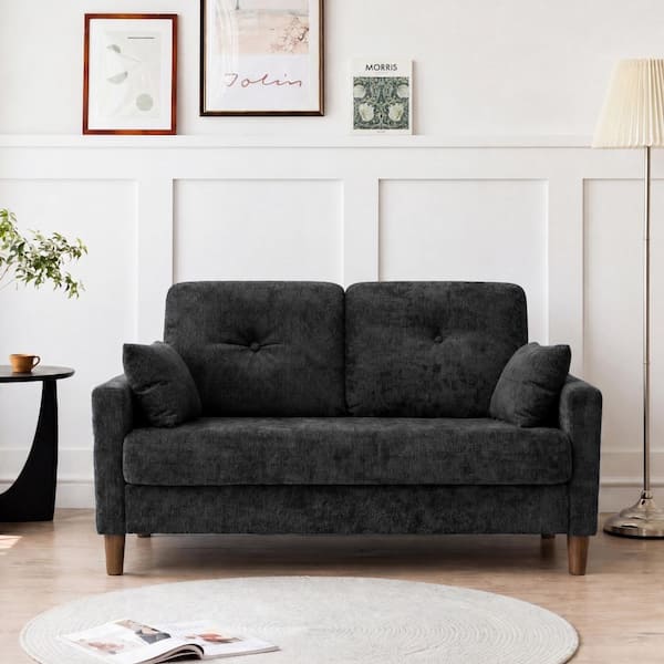 48 Inch Loveseat Sofa,Black Chenille Couches for Small Spaces,Loveseat with Deep Seat,Throw Pillow,Side Pocket