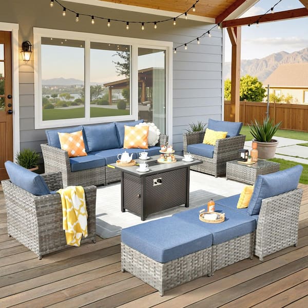XIZZI SunnyBraid Gray 10-Piece Wicker Outerdoor Patio Rectangular Fire Pit Set with Denim Blue Cushions