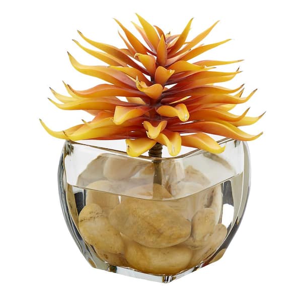 D&W Silks Indoor Artificial Single Succulent Stem in Glass Cube