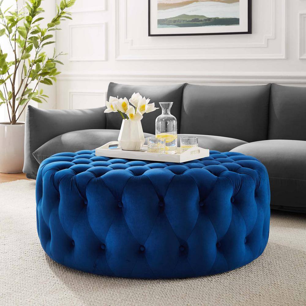 Luxurious Navy Velvet Tufted Large Round Ottoman