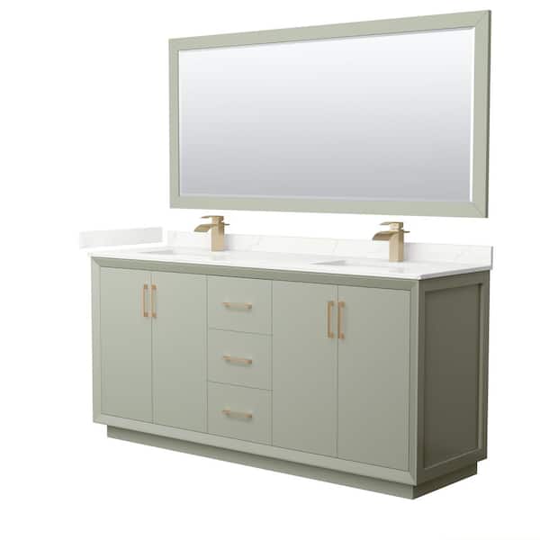 Wyndham Collection Strada 72 in. W x 22 in. D x 35 in. H Double Bath Vanity in Light Green with Giotto Quartz Top and 70 in. Mirror