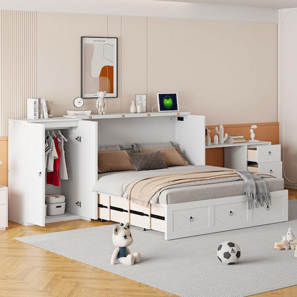 White Wood Frame Queen Murphy Bed with USB Port, Large Drawer