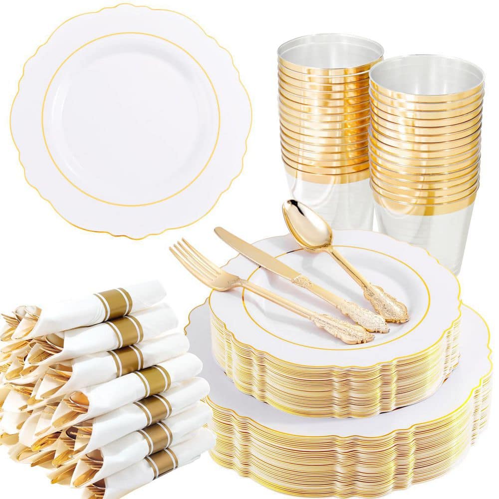 350-Piece Gold Plastic Dinnerware Set with White and Gold Plates, Napkins, Silverware, and Cups for Wedding&Thanksgiving price history on PriceWatchPro
