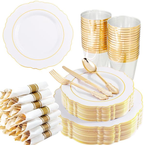 350-Piece Gold Plastic Dinnerware Set with White and Gold Plates, Napkins, Silverware, and Cups for Wedding&Thanksgiving