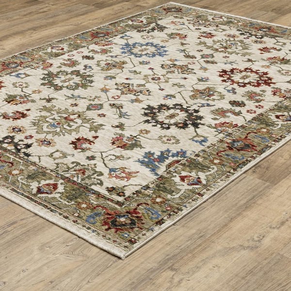 Hunter Ivory/Green 10 ft. x 13 ft. Bordered Oriental Polyester Fringe-Edge Indoor Area Rug