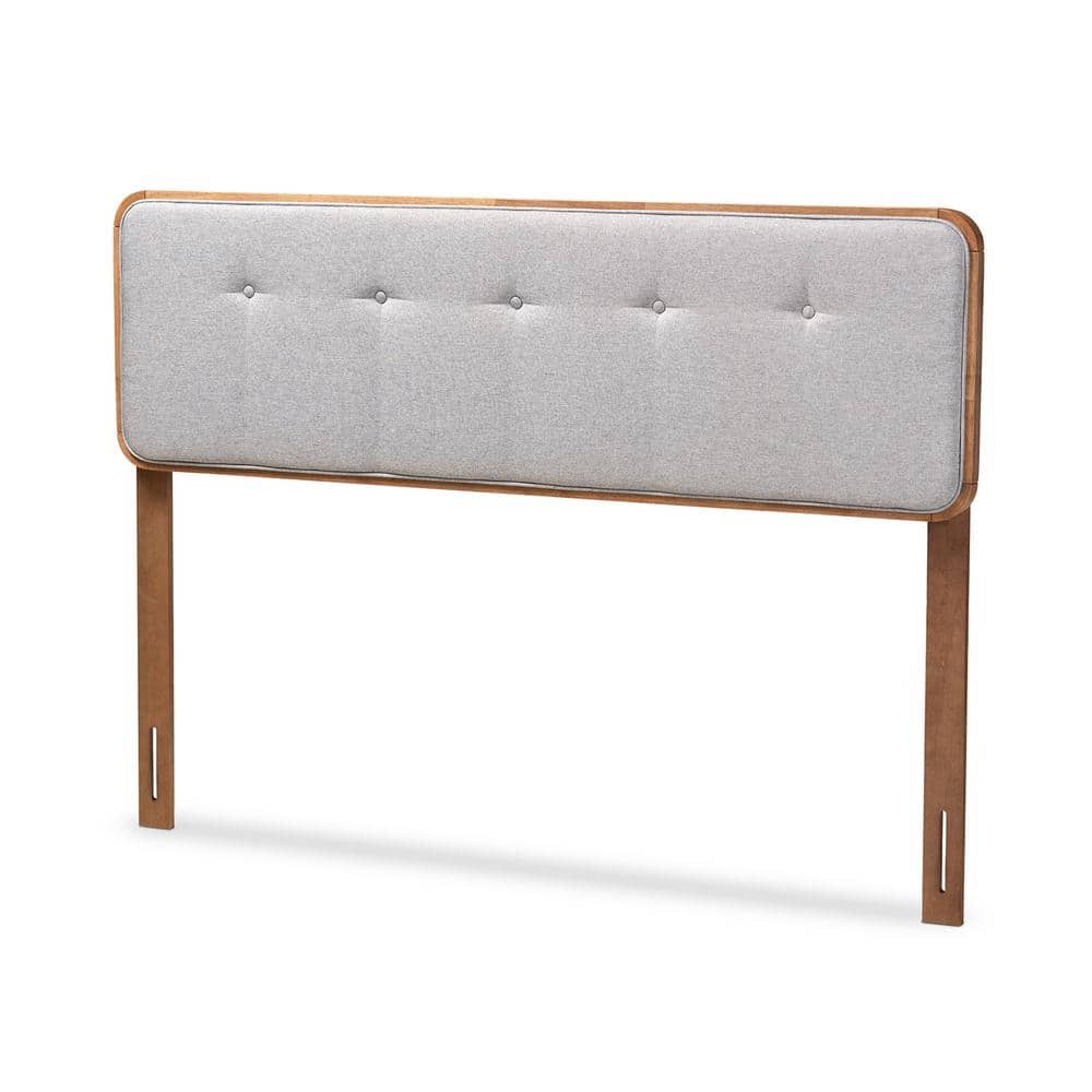 Gray Tufted Upholstered Queen Headboard with Walnut Wood Frame