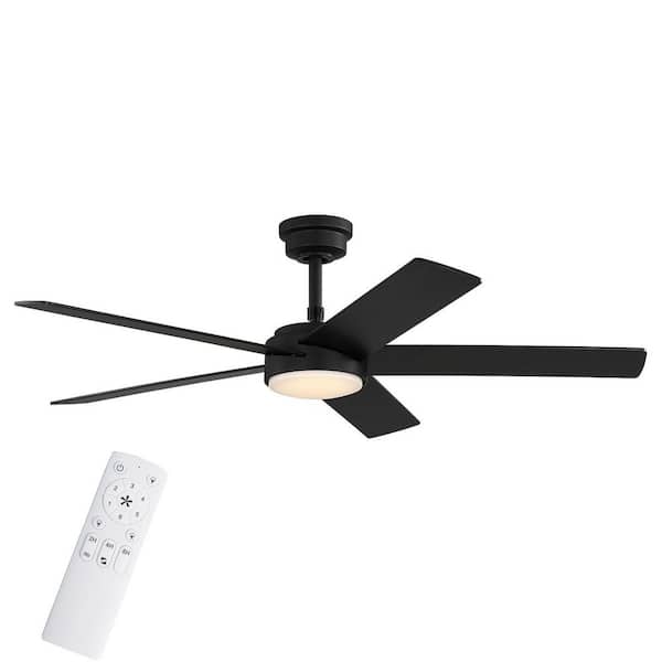 Cornwall 52 in. Matte Black Downrod Standard Ceiling Fan with 5-Blades, White Adjustable LED Light, DC Motor, and Remote