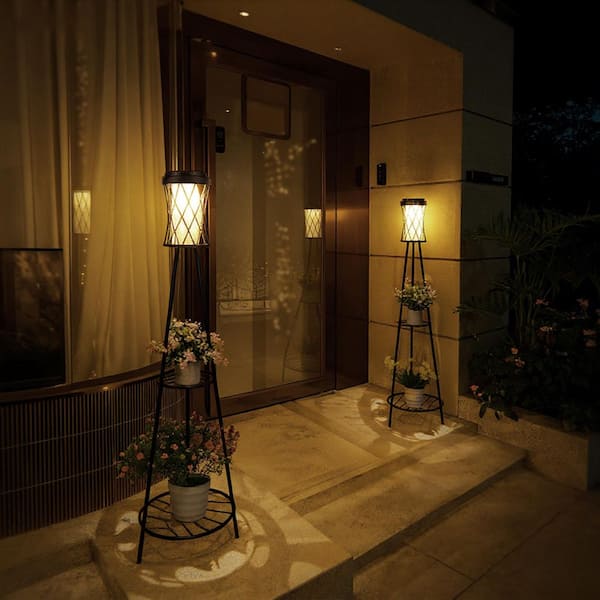 1-Light Black Waterproof Outdoor Integrated LED Floor Lamp with USB,3000K 6000K Adjustable Light for Patio, Porch