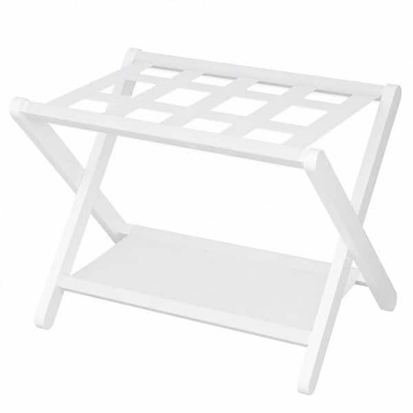 White Bamboo Luggage Rack, Folding Suitcase Stand with Storage Shelf for Guest Room Bedroom Hotel, Holds up to 141 lb.