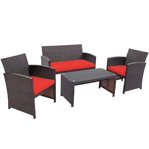 Brown 4-Piece Plastic Patio Conversation Set with Red Cushion