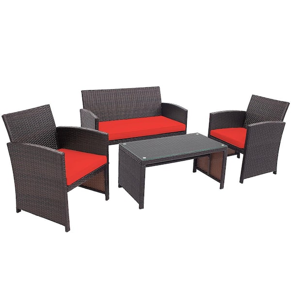 Costway Brown 4-Piece Plastic Patio Conversation Set with Red Cushion
