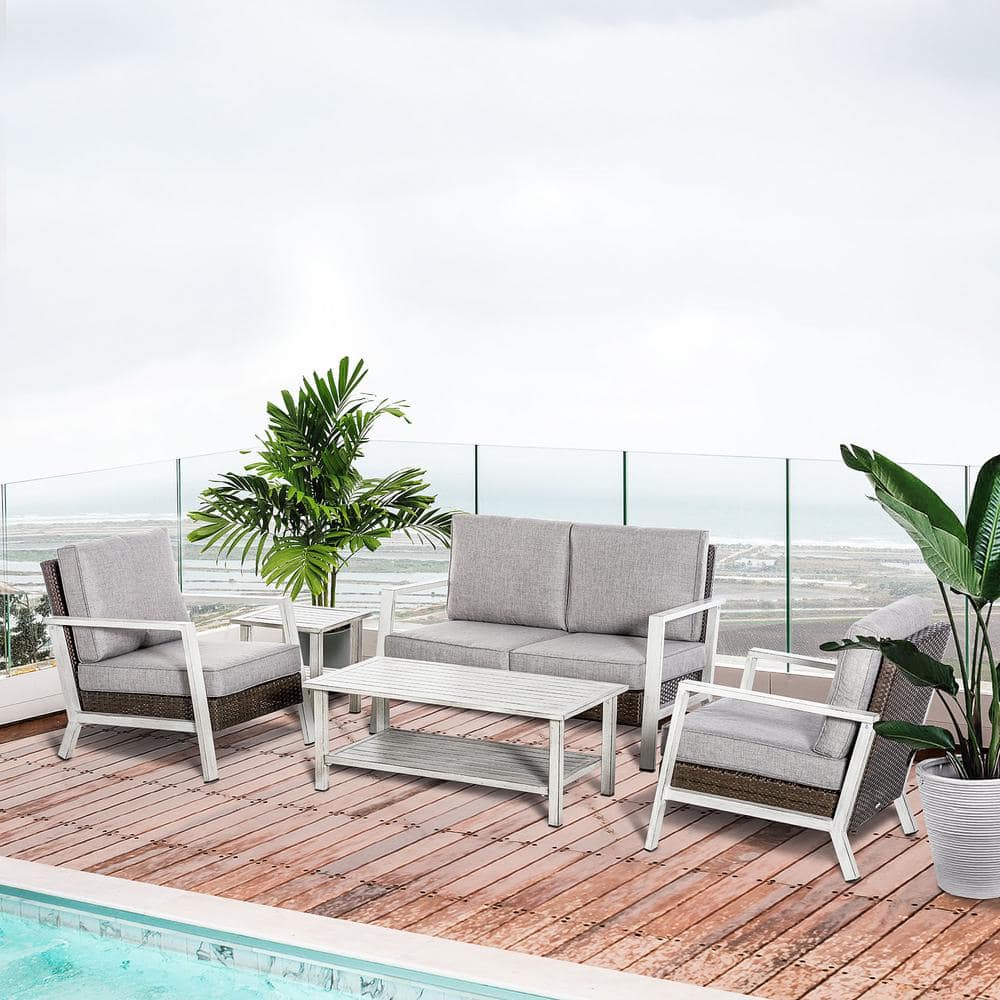 Gray Aluminum 5-Piece Patio Conversation Set with Cushions