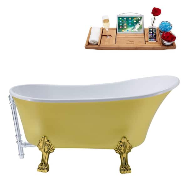 Streamline 63 in. Acrylic Clawfoot Non-Whirlpool Bathtub in Matte Yellow With Brushed Gold Clawfeet And Polished Chrome Drain