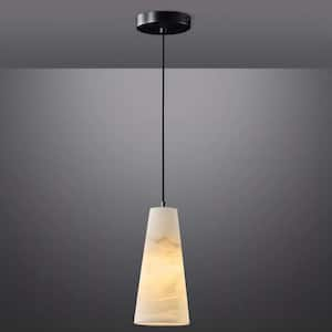 1-Light Black Pendant Light, Conical Natural Alabaster Shade Pendant Light for Dining Room, Kitchen Island Bulb Included